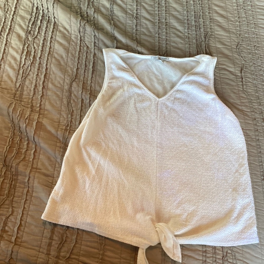 Green Envelope white sleeveless top with tie at bottom. Medium.